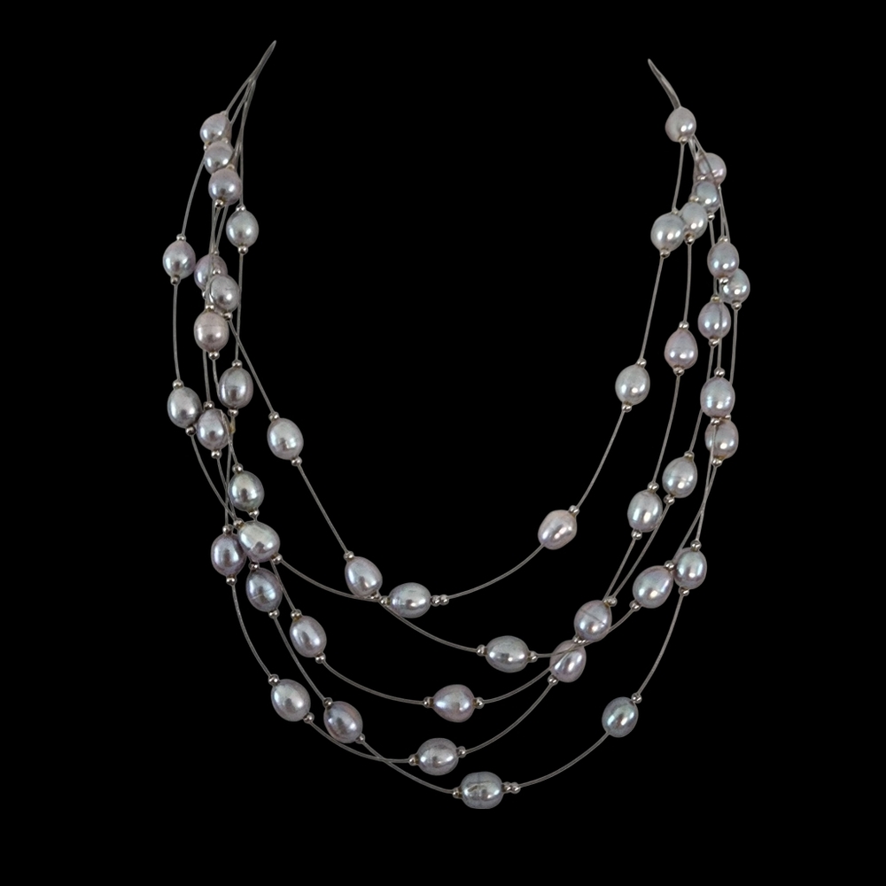 Floating pearl necklace grey pearls 925 sterling silver multi strand A0037 -Q2